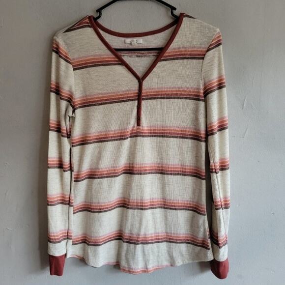 Women's medium Maurices long sleeve thermal shirt henley striped brown beige - Picture 6 of 6